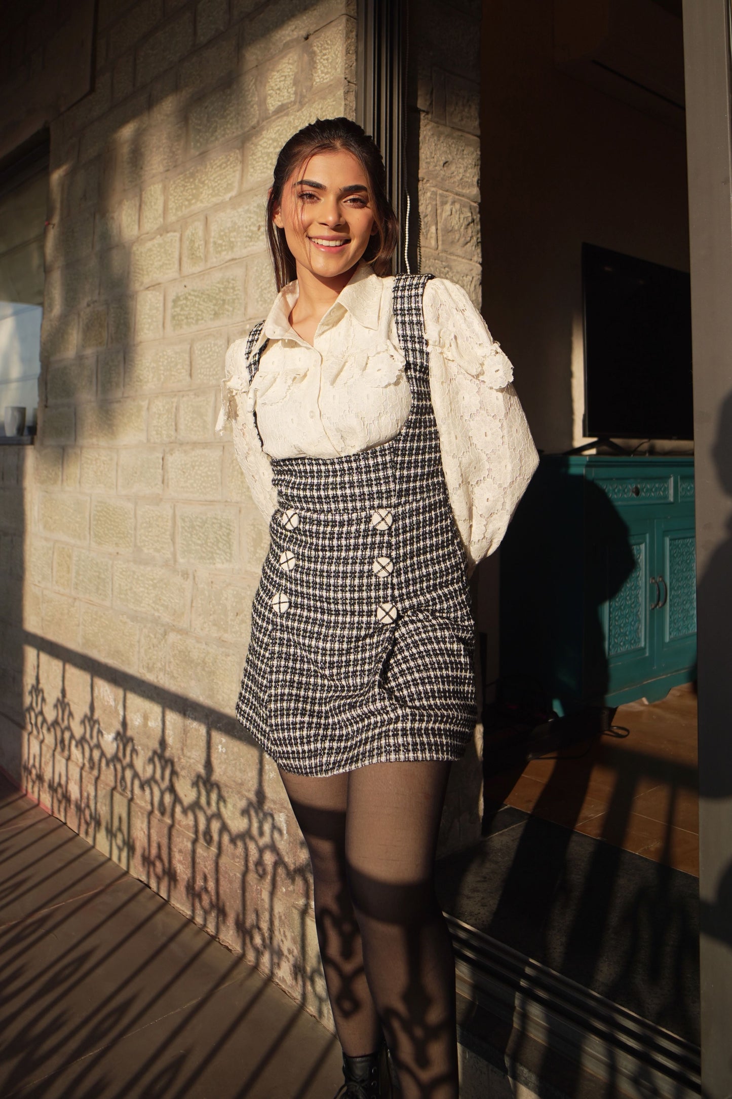 Old Money – Winter Tweed Pinafore Dress & Ruffle Shirt Coord Set