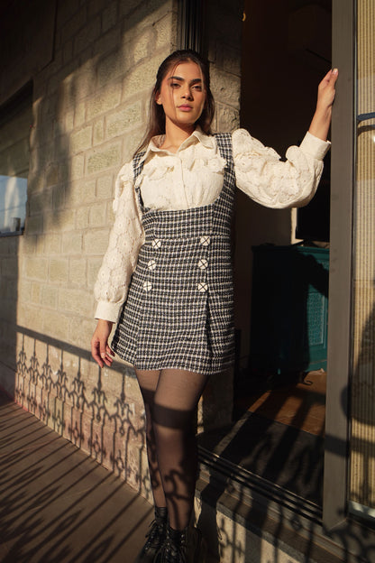 Old Money – Winter Tweed Pinafore Dress & Ruffle Shirt Coord Set