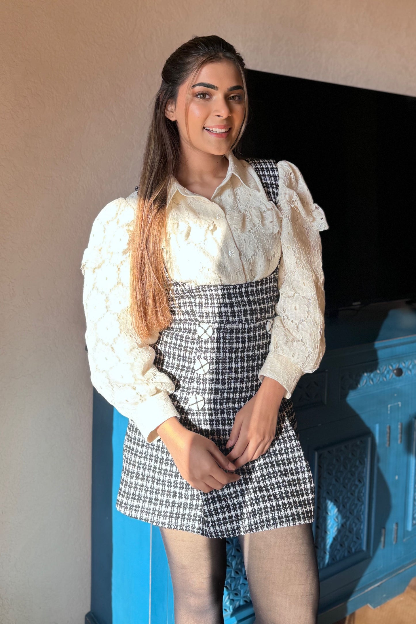 Old Money – Winter Tweed Pinafore Dress & Ruffle Shirt Coord Set