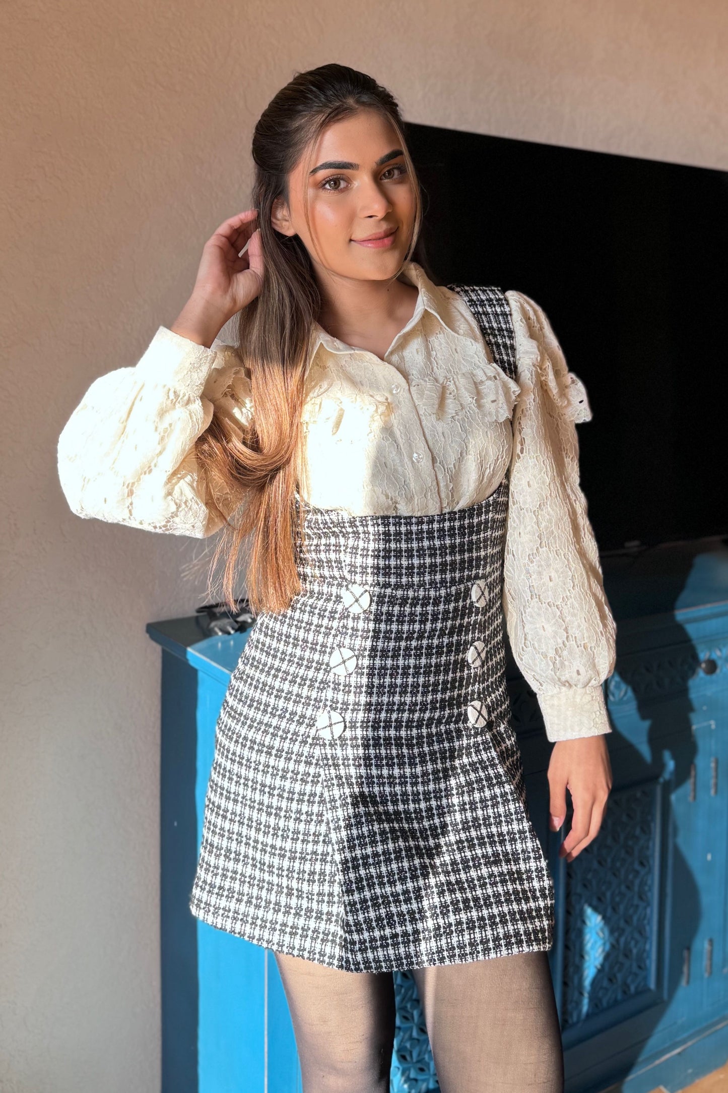 Old Money – Winter Tweed Pinafore Dress & Ruffle Shirt Coord Set