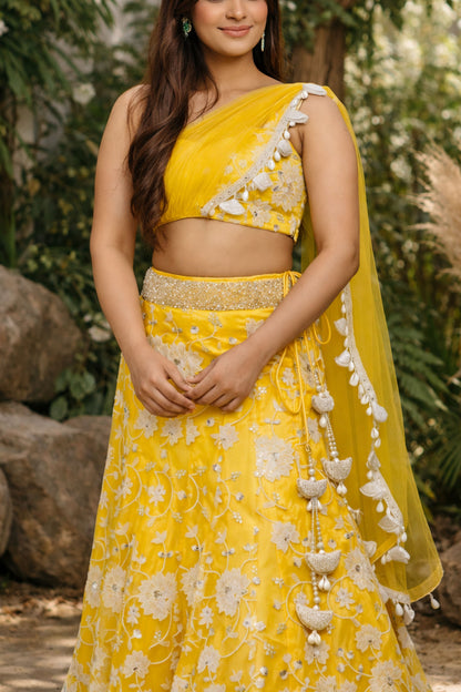 Gulaabi – Floral One-Shoulder Lehenga with Pallu
