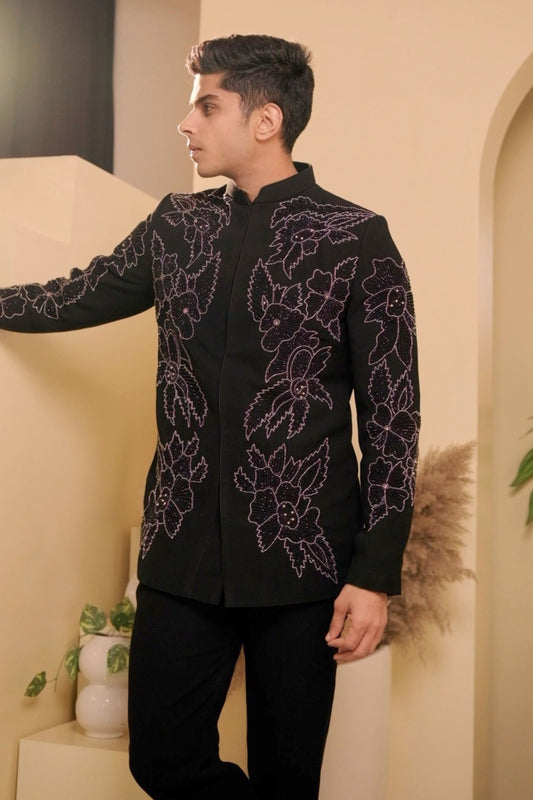 Siyaah – Black Embroidered Men's Bandhgala Set