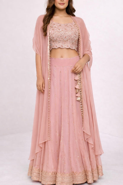 Meher – Hand Embroidered Scallop Georgette Lehenga with Cape