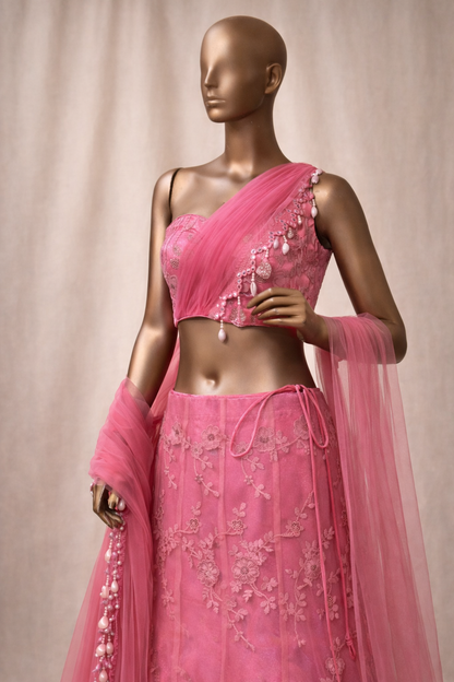 Gulaabi – Floral One-Shoulder Lehenga with Pallu