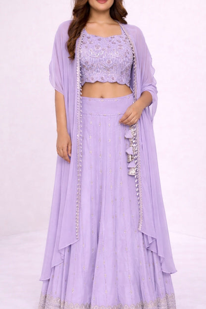 Meher – Hand Embroidered Scallop Georgette Lehenga with Cape