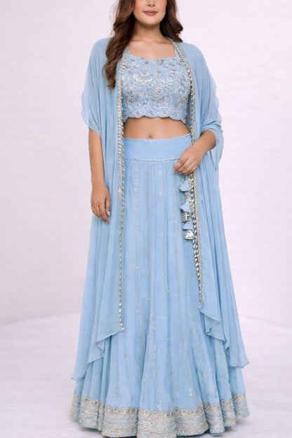 Meher – Hand Embroidered Scallop Georgette Lehenga with Cape