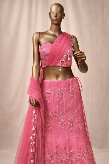 Gulaabi – Floral One-Shoulder Lehenga with Pallu