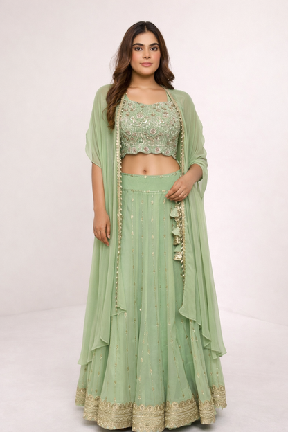 Meher – Hand Embroidered Scallop Georgette Lehenga with Cape