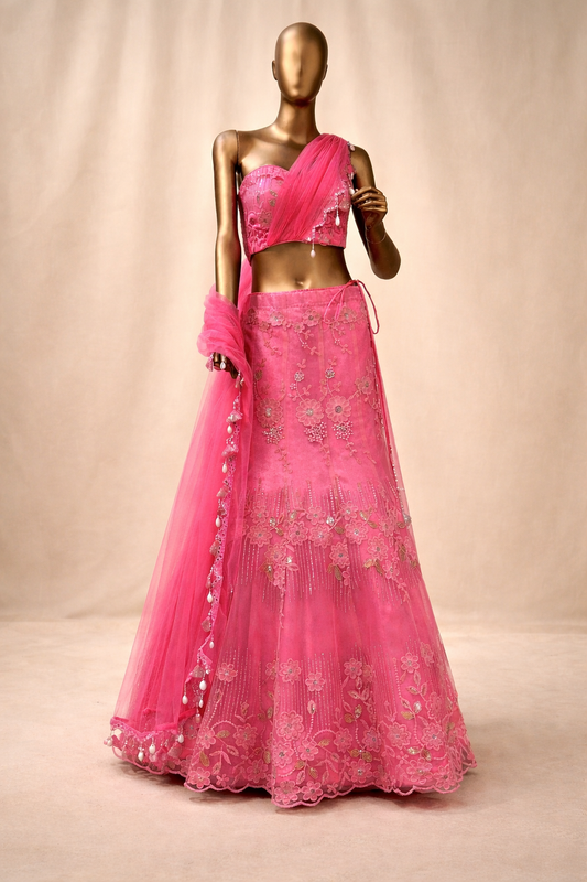 Gulaabi – Floral One-Shoulder Lehenga with Pallu