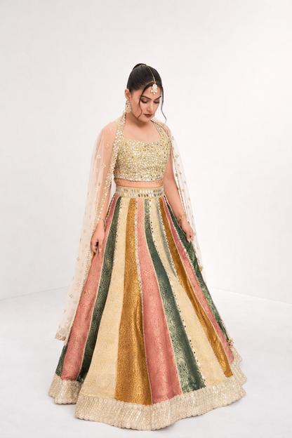 Sheesh Lehenga – Mirror & Multicolour Brocade Lehenga Set