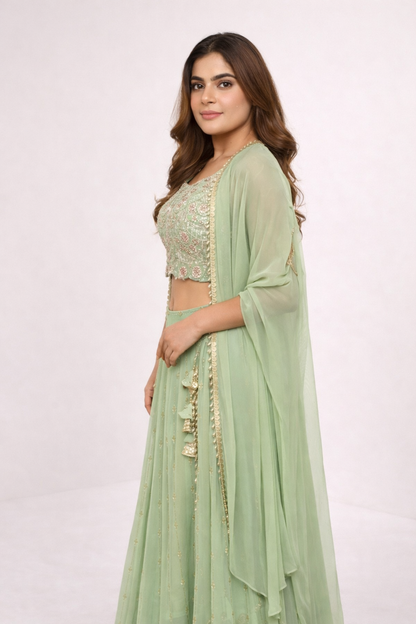 Meher – Hand Embroidered Scallop Georgette Lehenga with Cape