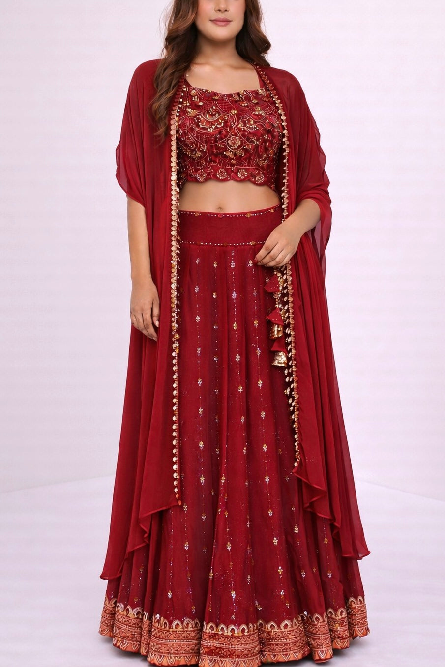 Meher – Hand Embroidered Scallop Georgette Lehenga with Cape