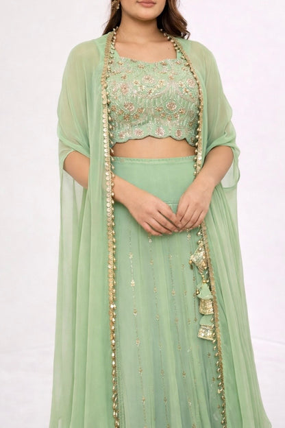 Meher – Hand Embroidered Scallop Georgette Lehenga with Cape