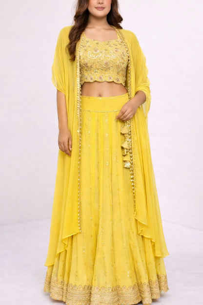 Meher – Hand Embroidered Scallop Georgette Lehenga with Cape