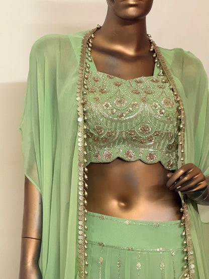 Meher – Hand Embroidered Scallop Georgette Lehenga with Cape