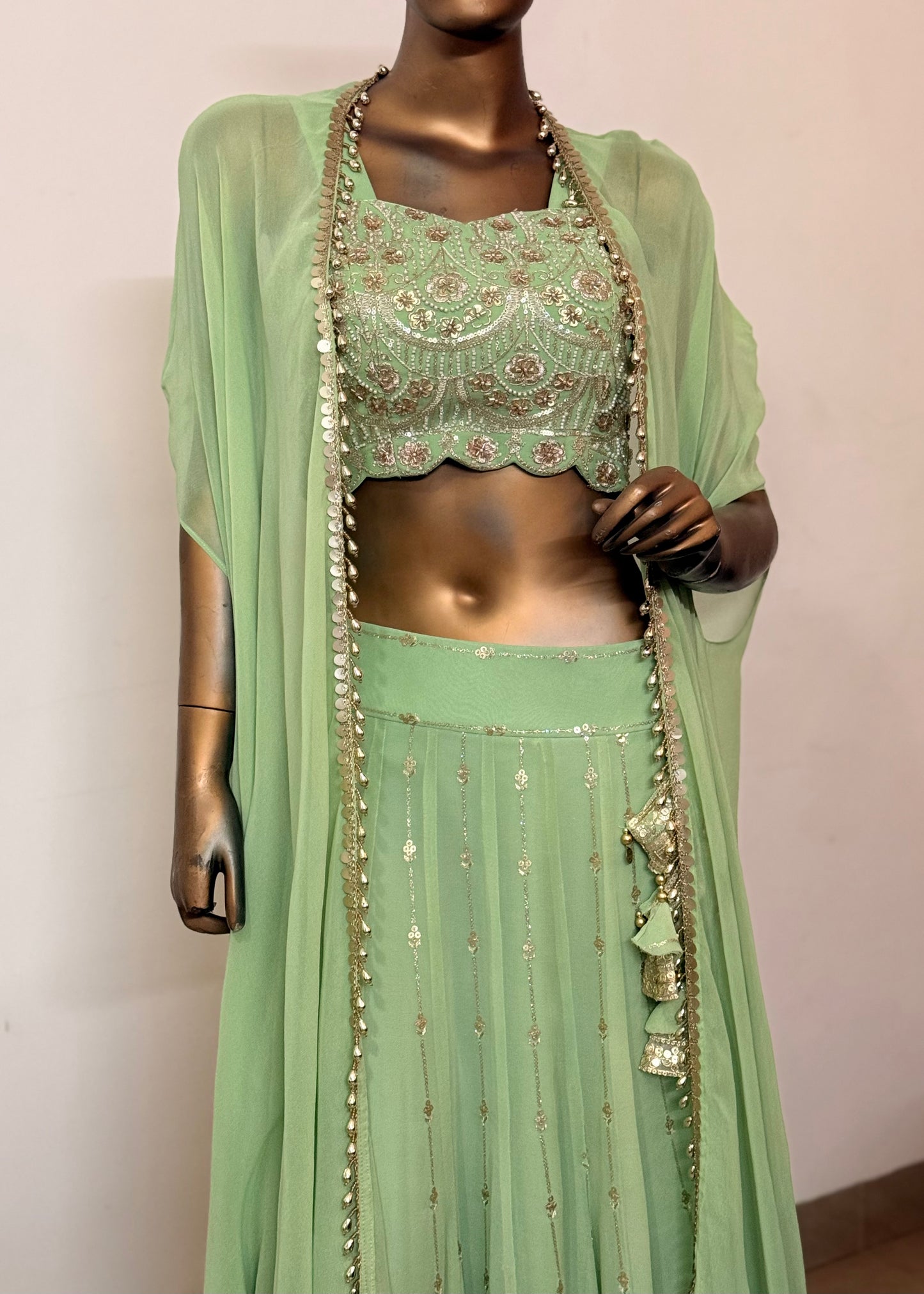 Meher – Hand Embroidered Scallop Georgette Lehenga with Cape